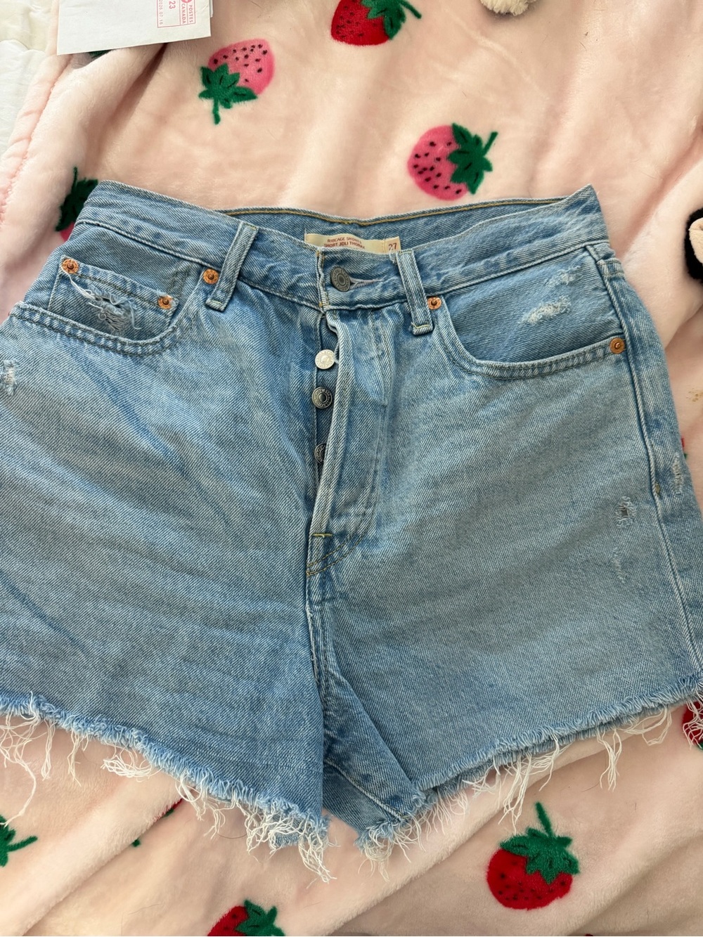 Levi Ribcage light Wash Denim High-Rise Frayed Hem Women's Shorts
